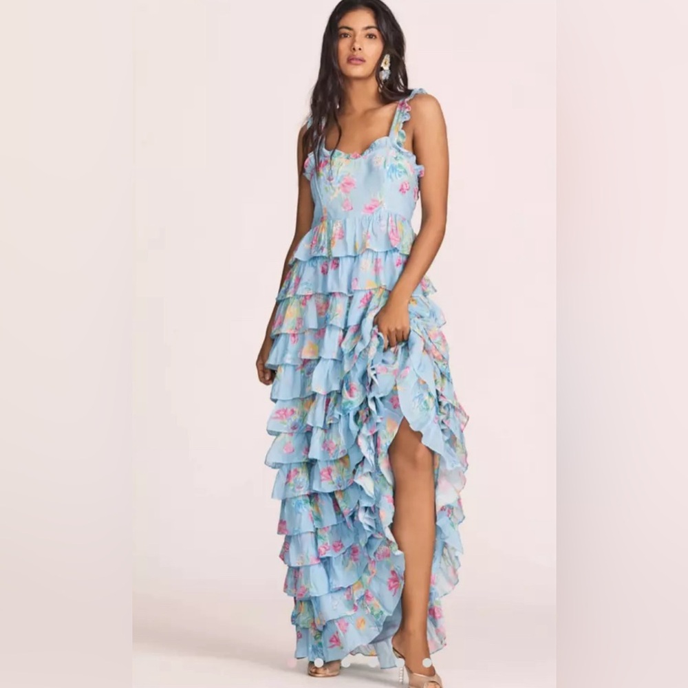 LOVESHACKFANCY Idra Tiered Floral Maxi Dress Blue NWT Size 00 Regular Price $895